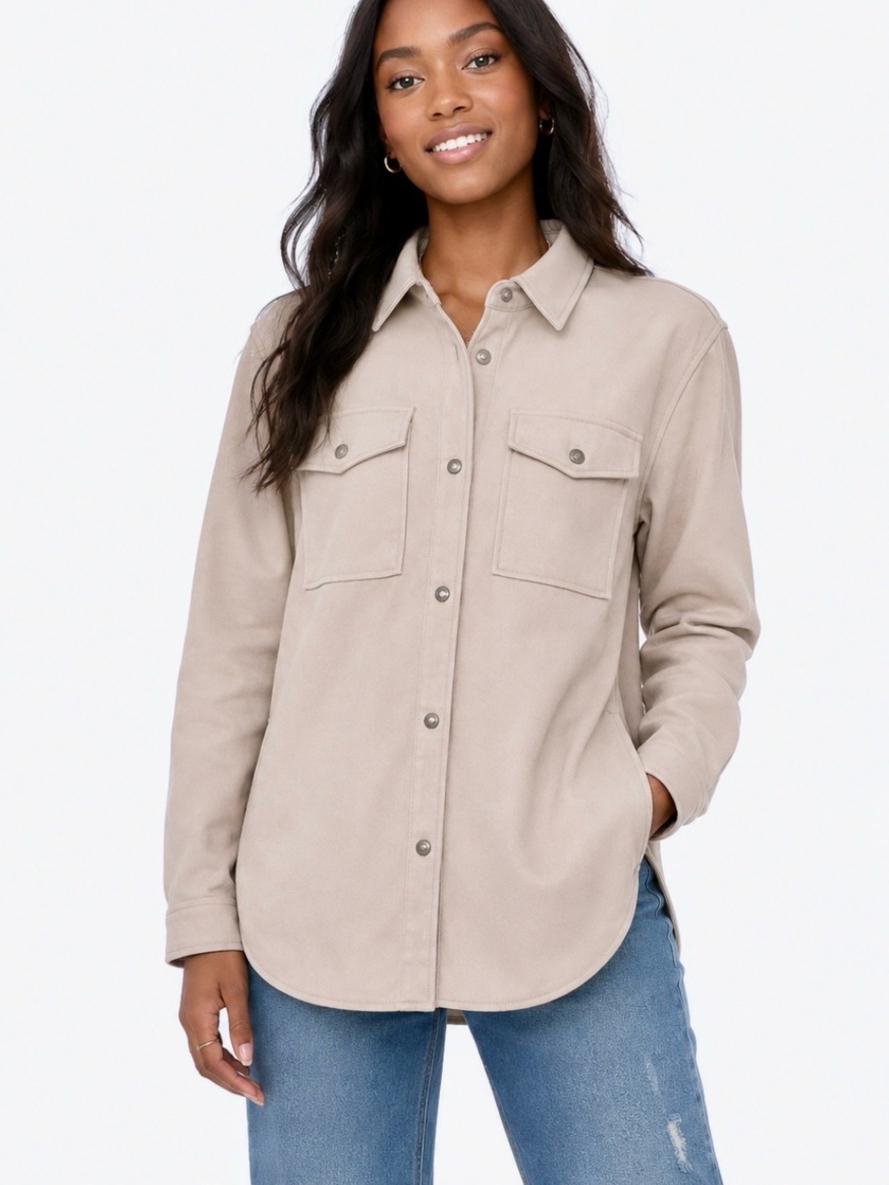 Kensie Jeans Cream Faux Leather Shacket Button Up Shirt Jacket Large L
